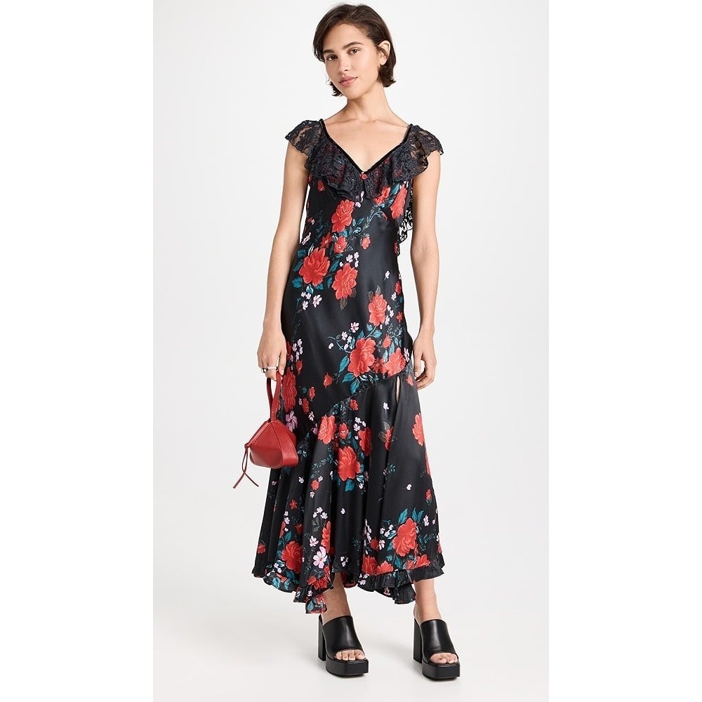 NWT Free People Warm Hearts Open Back Lace Trim Midi Dress‎ Black Floral Rose - Picture 8 of 12